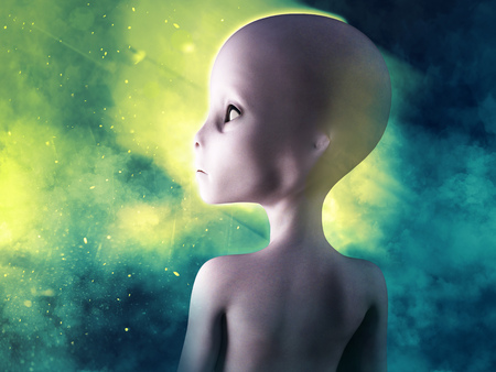 3D rendering of an alien with smoke in the background.