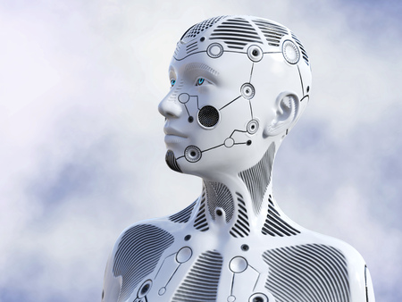 3D rendering of the head of a female robot. She is gazing in to the future.の写真素材
