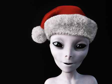 3D rendering of a smiling alien wearing a Santa hat for Christmas. Black background.の写真素材