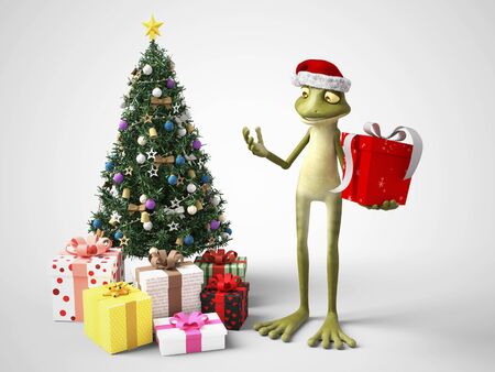 3D rendering of a smiling, cartoon frog wearing a Santa hat and holding a Christmas present. He stands beside a Christmas tree with gifts under it. White background.の写真素材