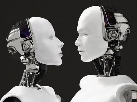 3D rendering of the heads of a female and male robot. They are looking at each other. Black background.の写真素材