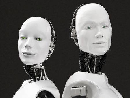 3D rendering of the heads of a female and male robot. They have their heads turned to the camera, standing back to back. Black background.の写真素材