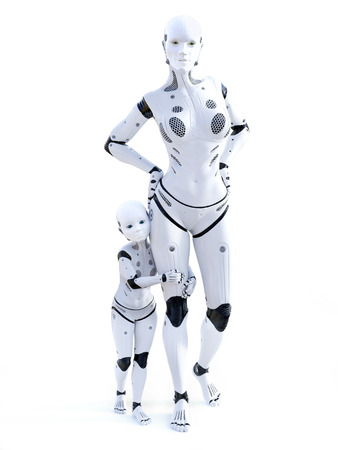 3D rendering of a robot mother with her child - the modern family of the future. White background.の写真素材