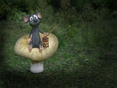 3D rendering of a cute smiling cartoon mouse sitting on a mushroom, holding a lantern in a fairytale toadstool forest at night.の写真素材
