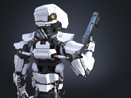3D rendering of a futuristic robot police or soldier holding a gun with his back against the camera....