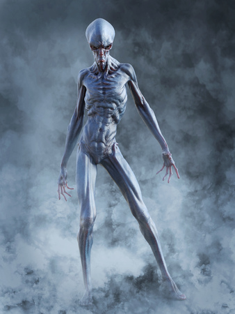 Portrait of an alien creature looking very angry, ready to attack, 3D rendering. He is surrounded by smoke or fog.の写真素材