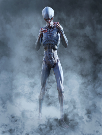 Portrait of an alien creature looking very angry, ready to attack, 3D rendering. He is surrounded by...