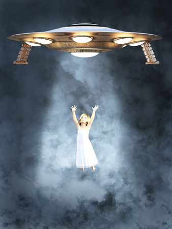 An UFO space ship abducting a young girl. She is surrounded by smoke or clouds and light beams from...