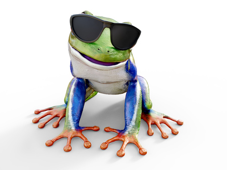 Realistic 3D rendering of a green, blue and orange colored red-eyed tree frog, Agalychnis callidryas, sitting on a white floor and wearing sunglasses, looking like it's smiling.の写真素材