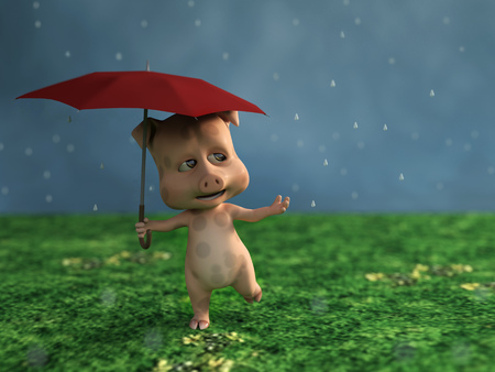 3D rendering of a cute cartoon pig holding a red umbrella in the rain.の写真素材