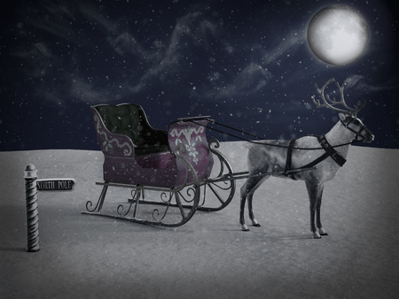 3D rendering of a north pole sign and a reindeer pulling a sleigh waiting for Santa to come at night. It's snowing and the moon is shining.の写真素材