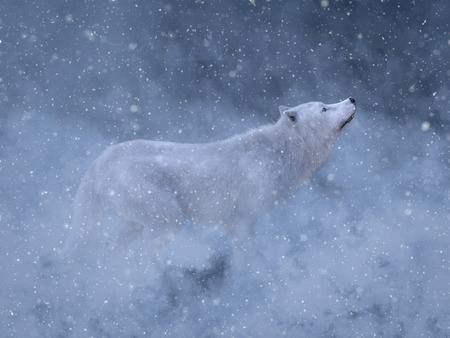 3D rendering of a majestic white wolf surrounded by magical snow.の写真素材