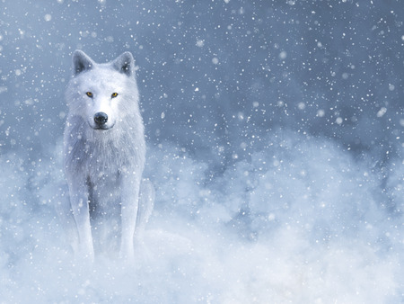 3D rendering of a majestic white wolf sitting down surrounded by magical snow.の写真素材