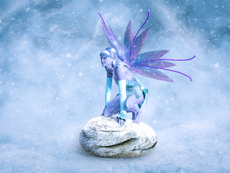 3D rendering of cute winter fairy with wings sitting on a stone surrounded by magical snow.の写真素材