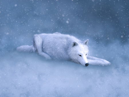 3D rendering of a majestic white wolf lying down on the ground and sleeping surrounded by magical snow.の写真素材