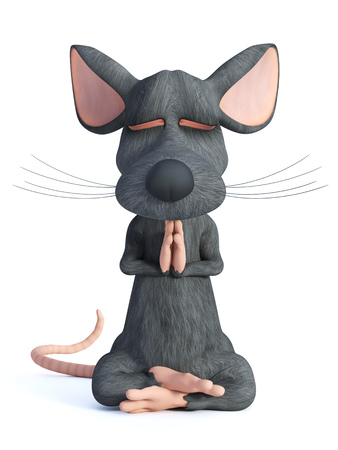 3D rendering of a cartoon mouse sitting down doing yoga, sitting in a lotus pose, meditating with its eyes closed.の写真素材