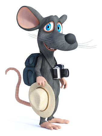 3D rendering of a cute smiling cartoon mouse with a hat and a camera, looking like a tourist with his backpackの写真素材