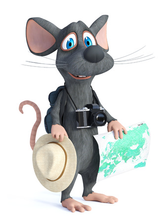 3D rendering of a cute smiling cartoon mouse with a hat and a camera, looking like a tourist with his backpack and holding a map.の写真素材