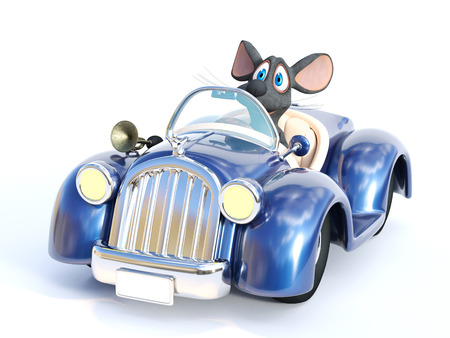 3D rendering of a cute smiling cartoon mouse sitting in a cabriolet car that he is driving.の写真素材