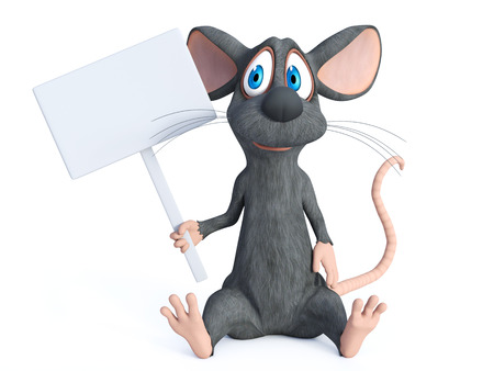 3D rendering of a cute smiling cartoon mouse sitting down on the floor and holding a blank sign.の写真素材