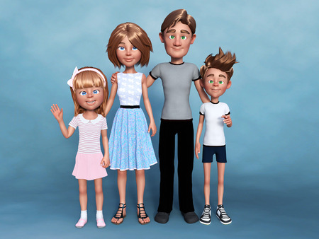 3D rendering of a cartoon family portrait consisting of a mom, dad and their two children - a boy and a girl.の写真素材