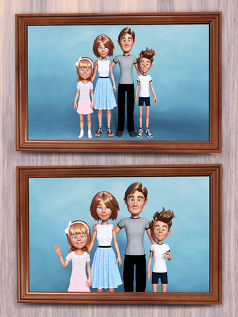 3D rendering of two framed cartoon family portraits that is hanging on the wall.の写真素材
