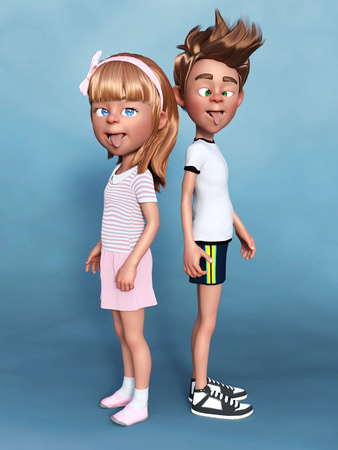 3D rendering of a cartoon boy and girl doing silly faces for the camera.の写真素材