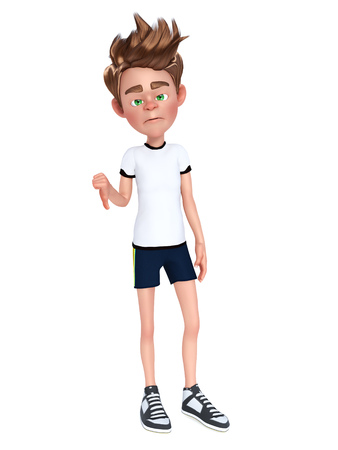 3D rendering of a frowning cartoon boy doing a thumbs down with his hand, like he is disapproving something.の写真素材