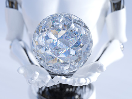 3D rendering of male robot hands with a diamond sphere hovering above them. Technology concept.の写真素材