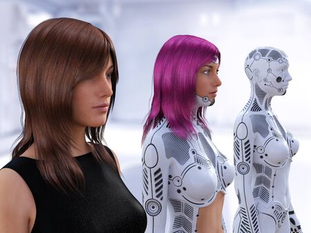 3D rendering of three women in different stages of the evolution of robots. Robot technology concept.の写真素材
