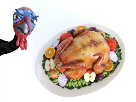 3D rendering of a silly cartoon turkey looking angry when he sees a roasted turkey on a thanksgiving platter. White background.の写真素材