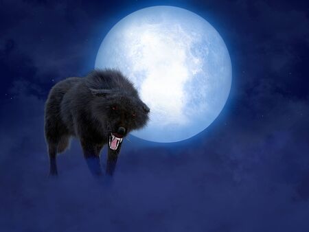 3D rendering of a black growling aggressive wolf or werewolf with glowing red eyes in front of a big...