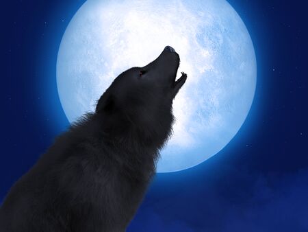 3D rendering of a black wolf or werewolf with glowing red eyes howling at the big moon. Stars in the...