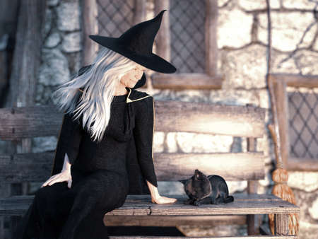 3D rendering of an old friendly looking witch sitting on a bench outside her house with a black cat beside her.の写真素材
