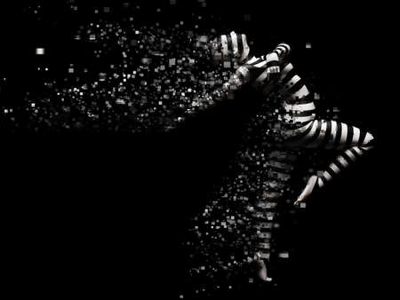 3D rendering of a surreal striped woman that shatters. The body is breaking apart into pixels or windows. Black background.の写真素材