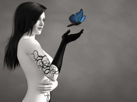 3D rendering of a surreal bodypainted woman looking at a blue butterfly. The image is black and white or monochrome besides the butterfly.の写真素材