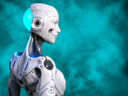 3D rendering of an android robot woman posing with her back against the camera, gazing out in the turquoise space.の写真素材