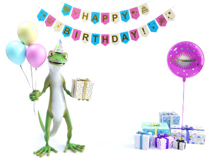 3D rendering of a cool green gecko or lizard holding three balloons in one hand and a wrapped present in the other celebrating a happy birthday party. White background with copy space, gifts and celebration banners.の写真素材