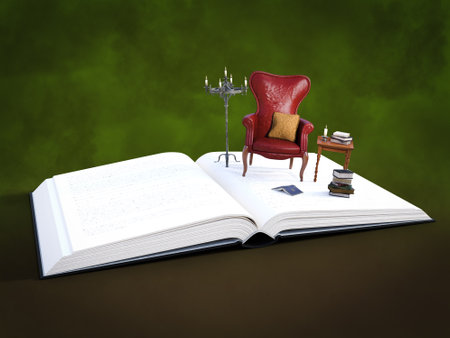 3D rendering of an open book with miniature armchair, table, candles and books. Book reading, story time and storytelling concept.の写真素材