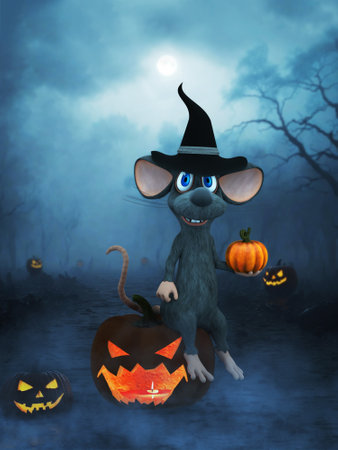 3D rendering of a cute smiling cartoon mouse wearing a witch hat, holding a pumpkin while sitting on a big jack-o'-lantern on a spooky night.の写真素材