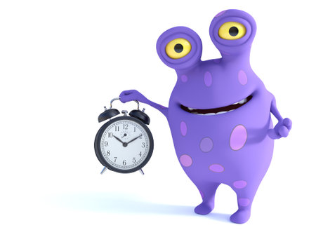 A cute charming cartoon monster holding a big old style alarm clock and looking very happy with a big smile. The monster is purple with big spots. White background with copyspace. Time concept.の写真素材