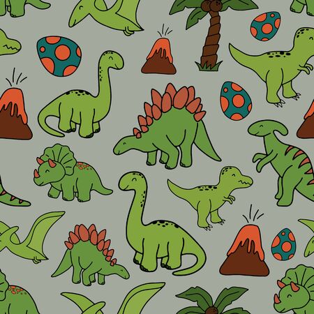 Super cute hand drawn dinosaurs in a seamless repeat vector pattern. Great for kids products.のイラスト素材
