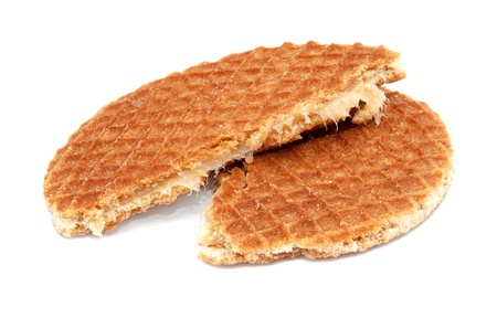 Stroopwafel, Dutch caramel waffle broken in half, isolated on a white backgroundの写真素材