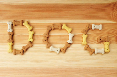 The word DOG spelled out in bone-shaped dog biscuits on a wood backgroundの写真素材