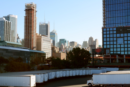 NEW YORK - OCTOBER 20, 2017: Cityscape of Manhattan with tower blocks and the Jakob K. Javits...