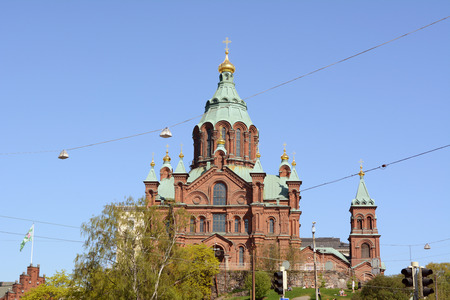 HELSINKI, FINLAND - May 14, 2018: Uspenski Cathedral, an Eastern Orthodox cathedral in Helsinki, overlooking the city from the Katajanokka peninsulaのeditorial素材