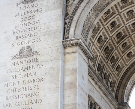 Names of major battles of the Napoleonic Wars inscribed on the south pillar of the Arc de Triomphe in Paris, Franceのeditorial素材