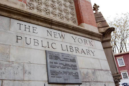 NEW YORK, USA - MAY 10, 2019: Exterior carved signage of Jefferson Market Library, in Greenwich Village, New York City on May 10, 2019.のeditorial素材