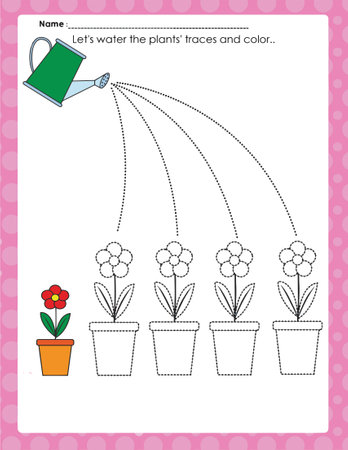 Worksheet for practicing fine motor skills - tracing dashed lines of flowersのイラスト素材