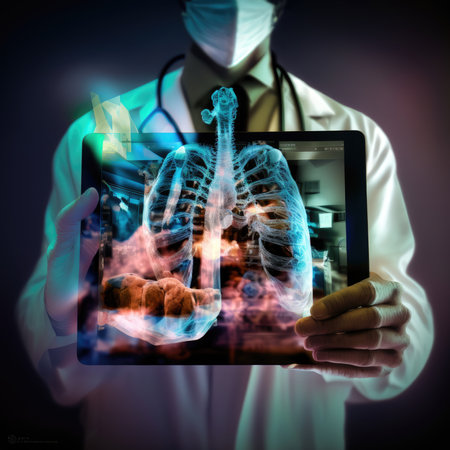 Doctor holding a digital tablet with x-ray image of human lungsの素材